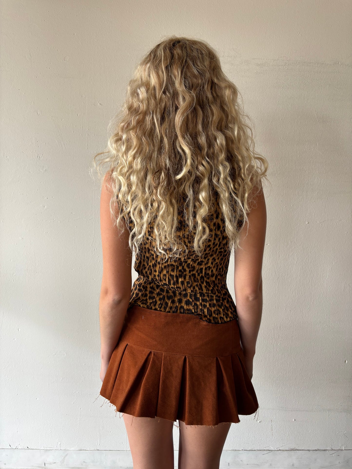 Reworked Burnt Orange Pleated Mini Skirt