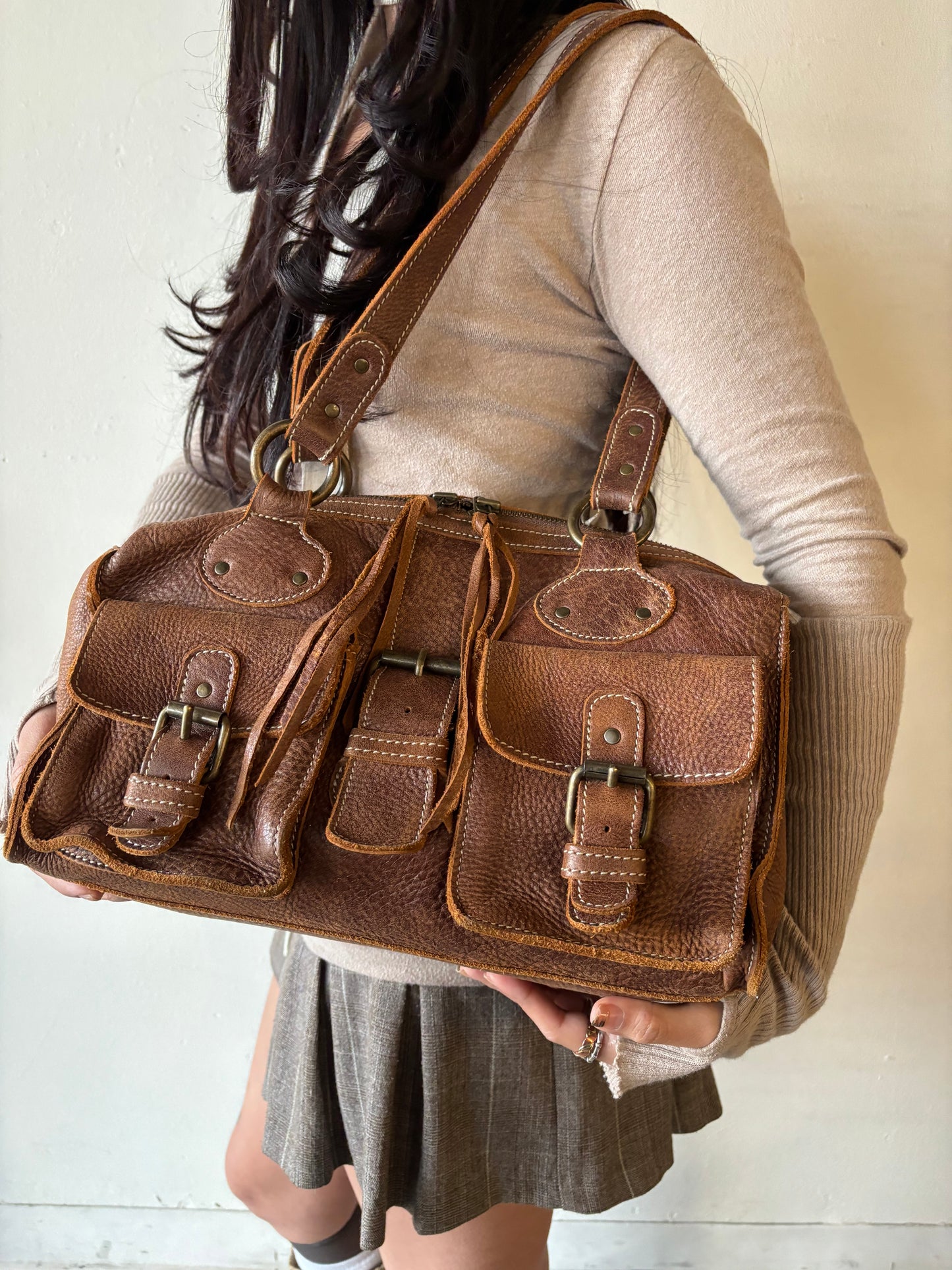 Vintage Brown Roots Leather Purse