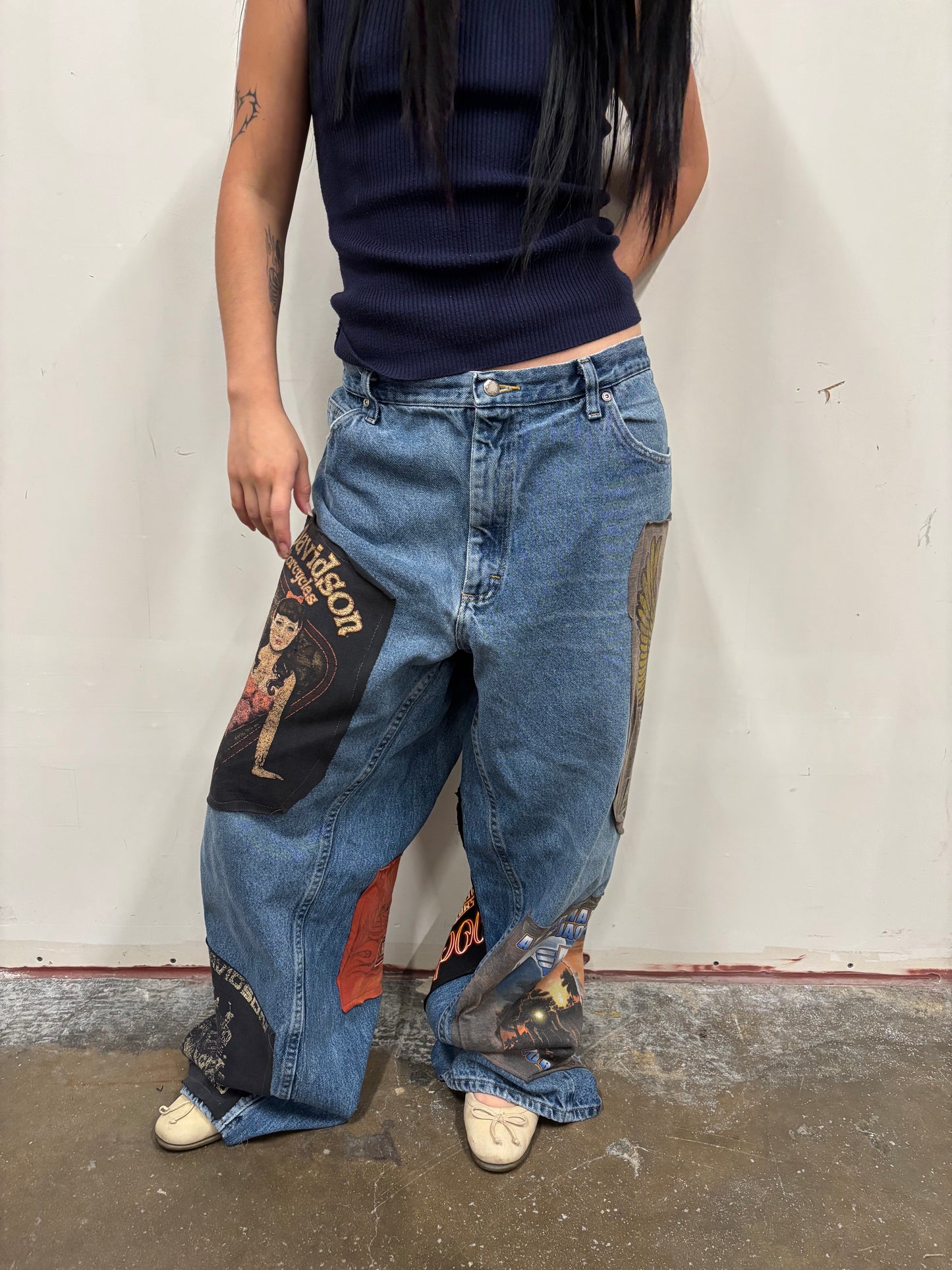 Reworked Harley Davidson Patchwork Jeans