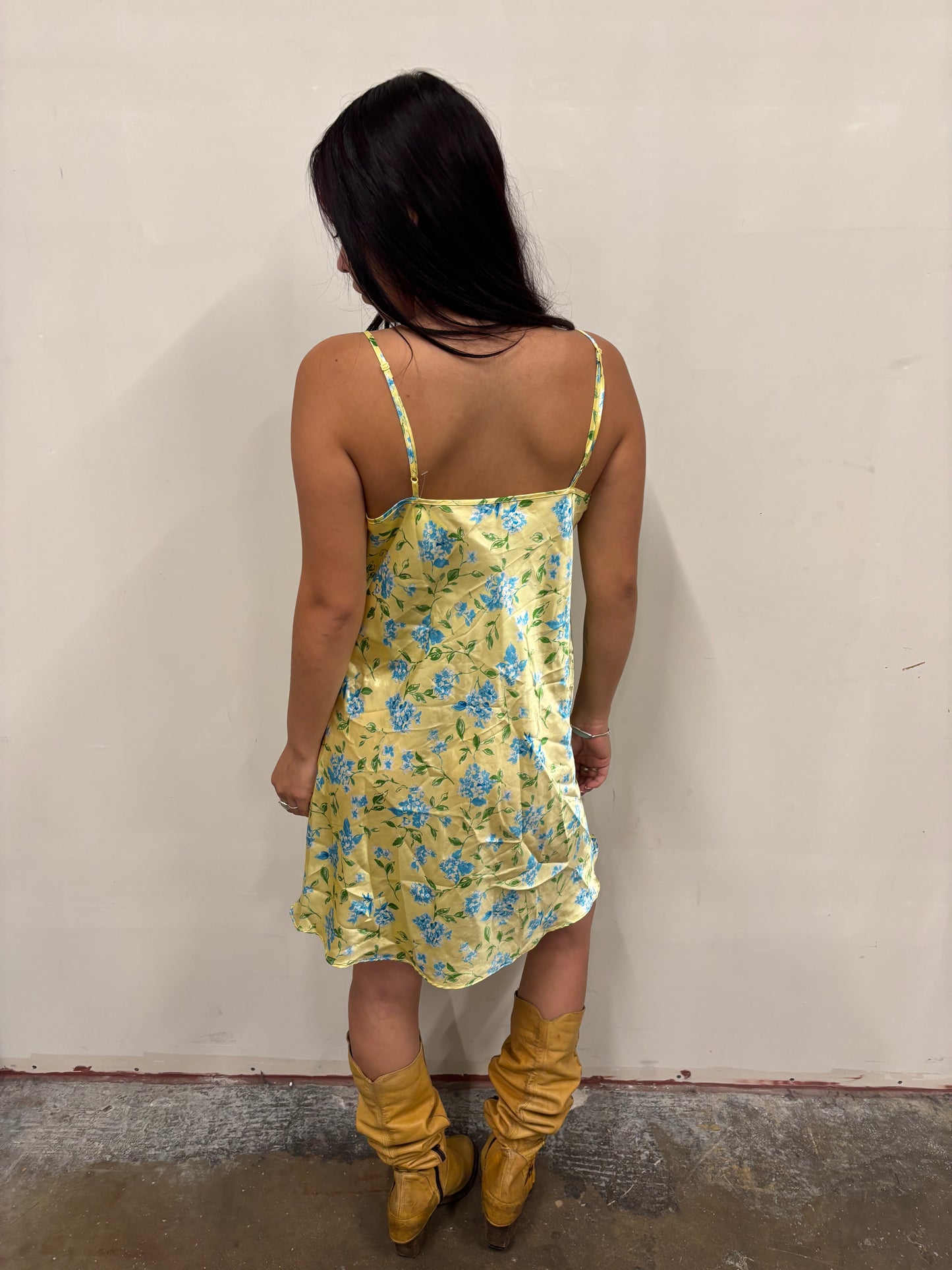 Yellow Floral Satin Dress