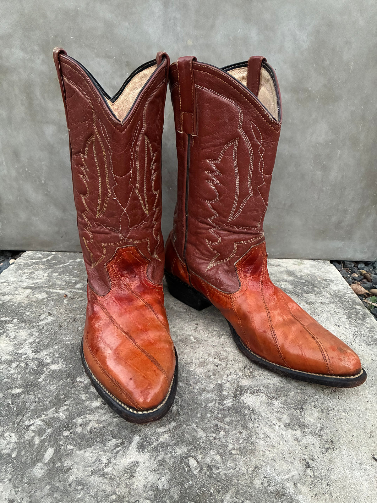 Vintage 80s Botas de Ora Eel Skin Brown Leather Cowboy Boots