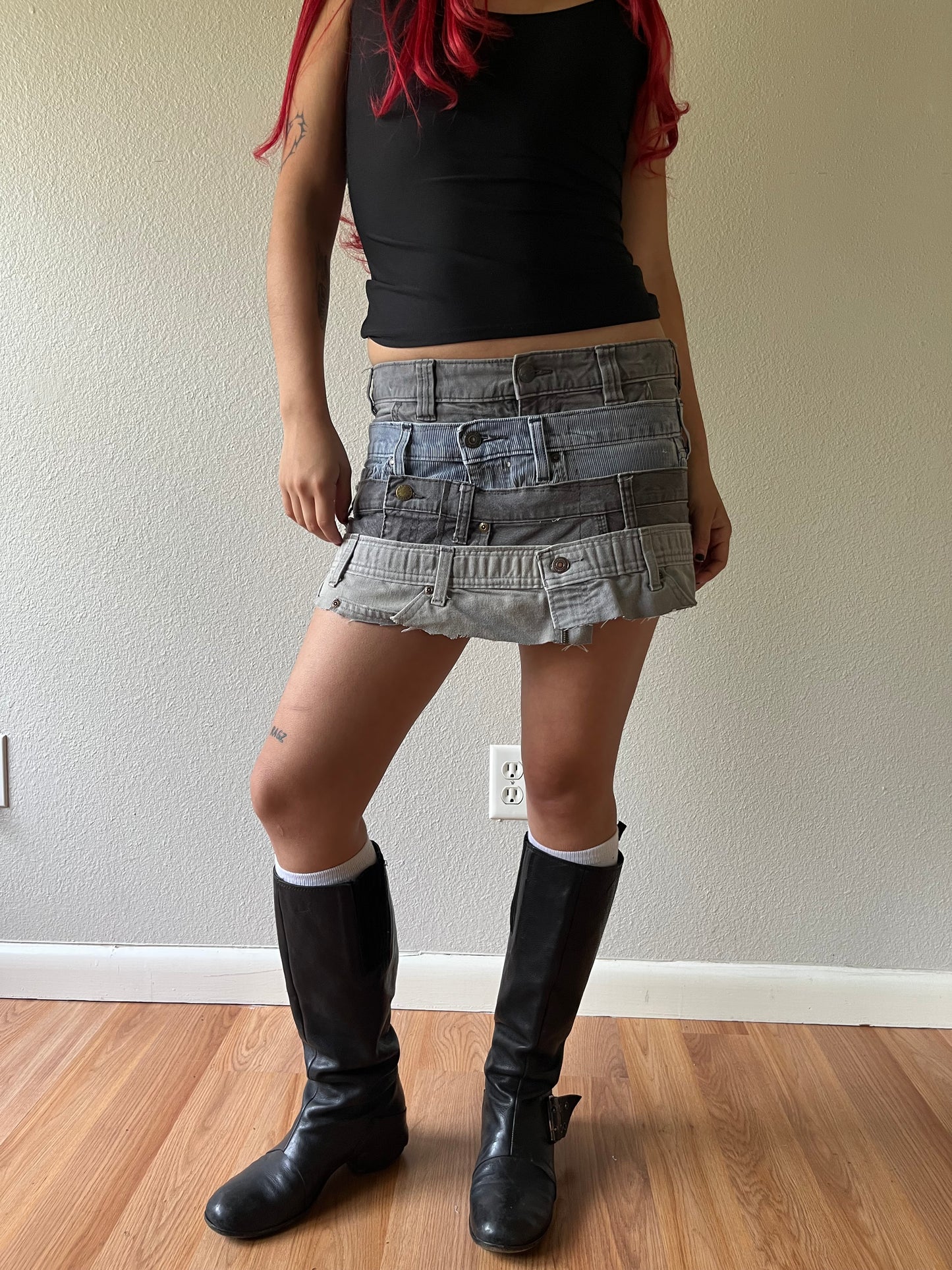 Reconstructed Grey Denim Belt Loops Mini Skirt