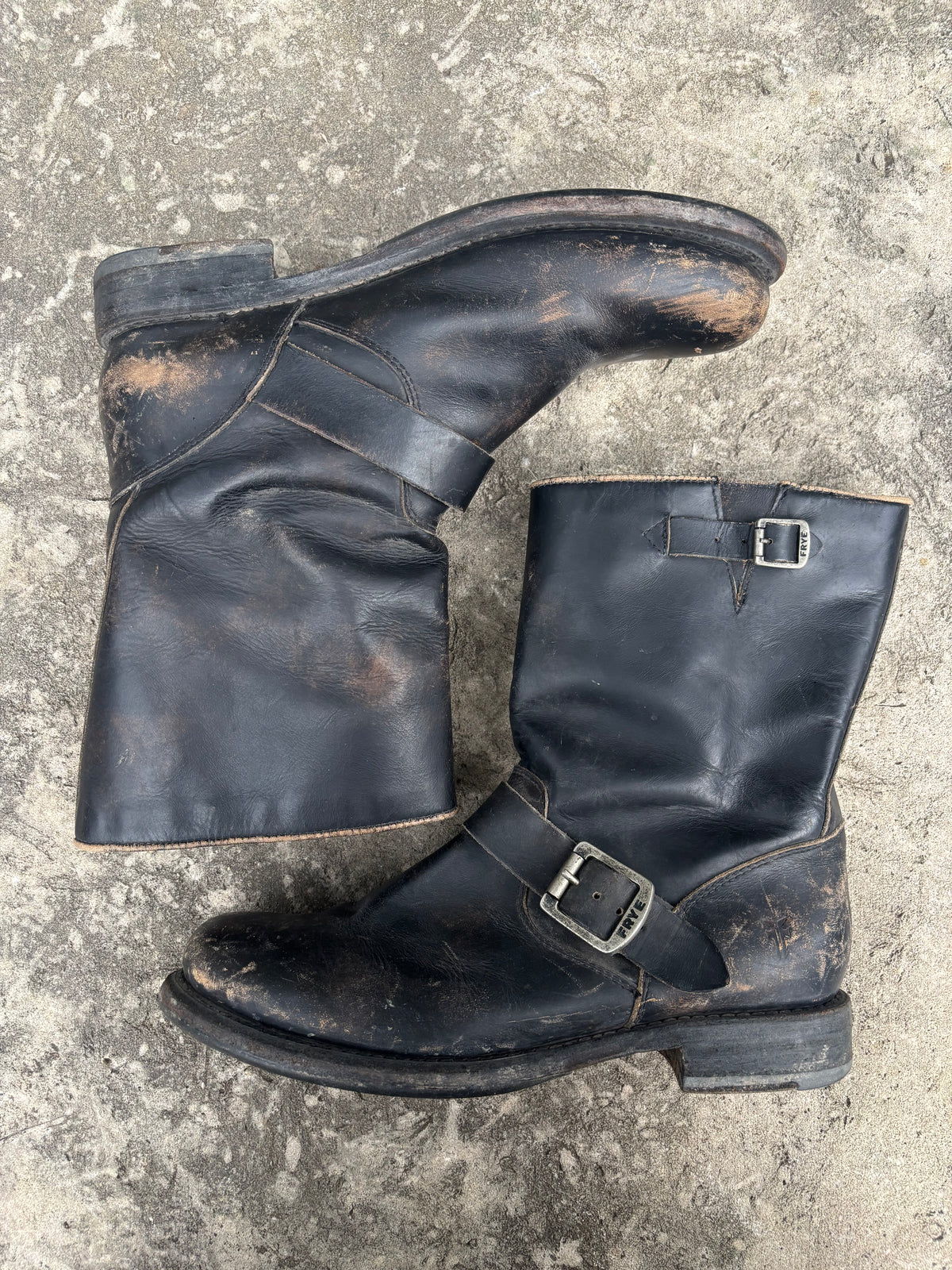 Vintage Frye Distressed Black Leather Harness Boots