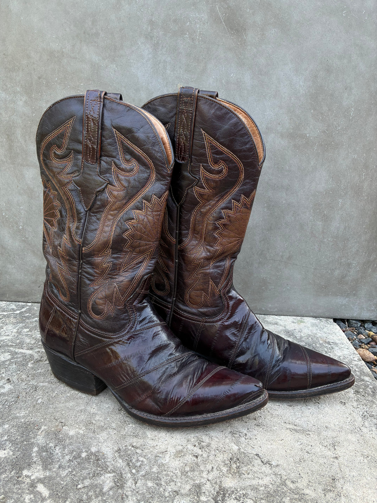 Vintage 1990s Cuadra Eel Brown Leather Cowboy Boots