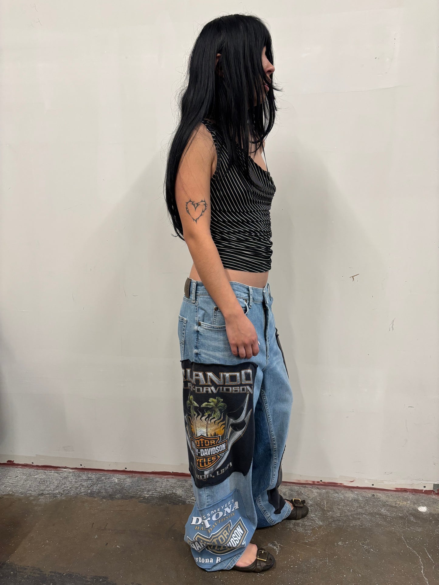 Reworked Harley Davidson Patchwork Denim Jeans