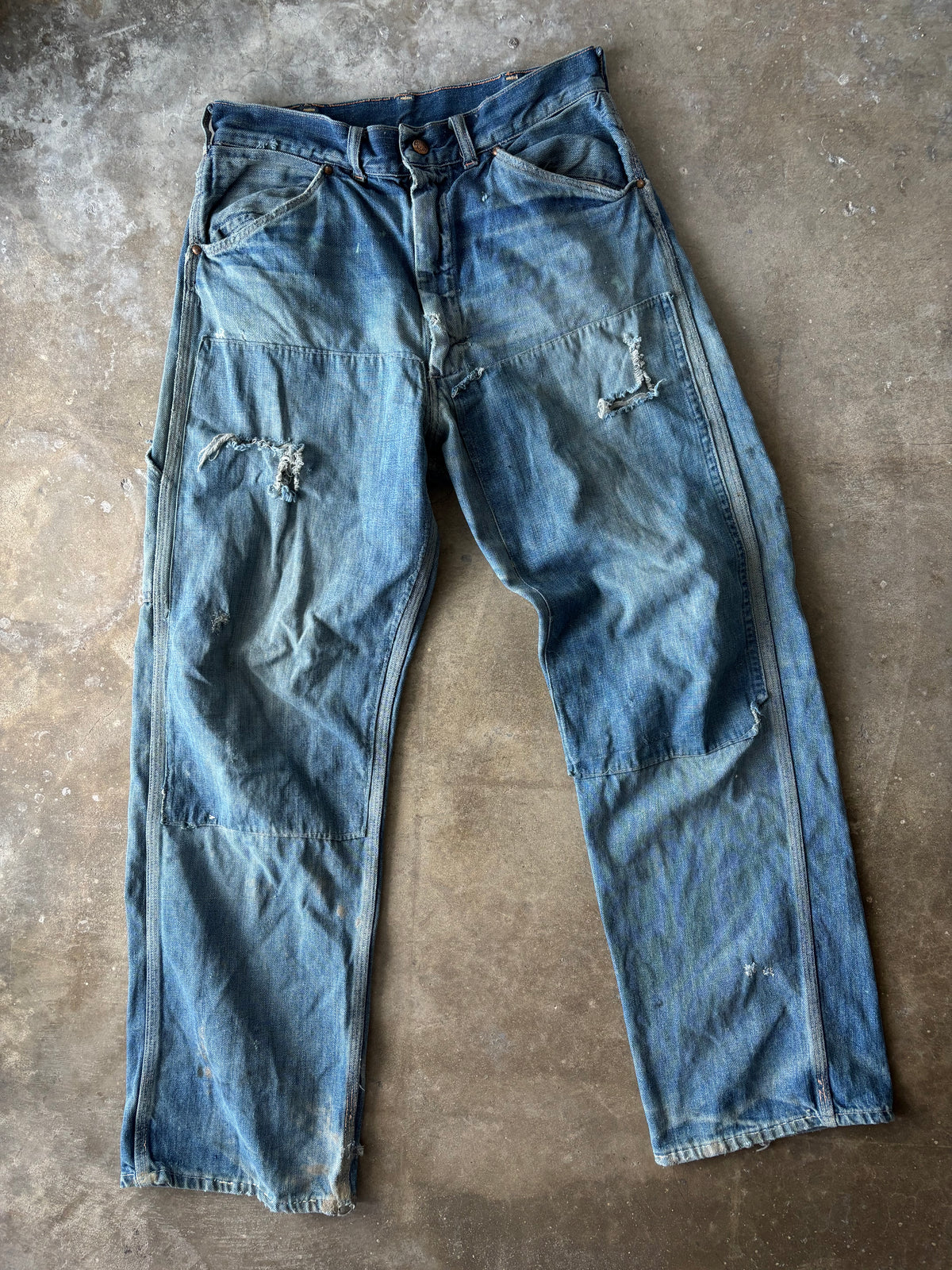 Vintage 1970s Big Mac Distressed Faded Repaired Double Knees Denim