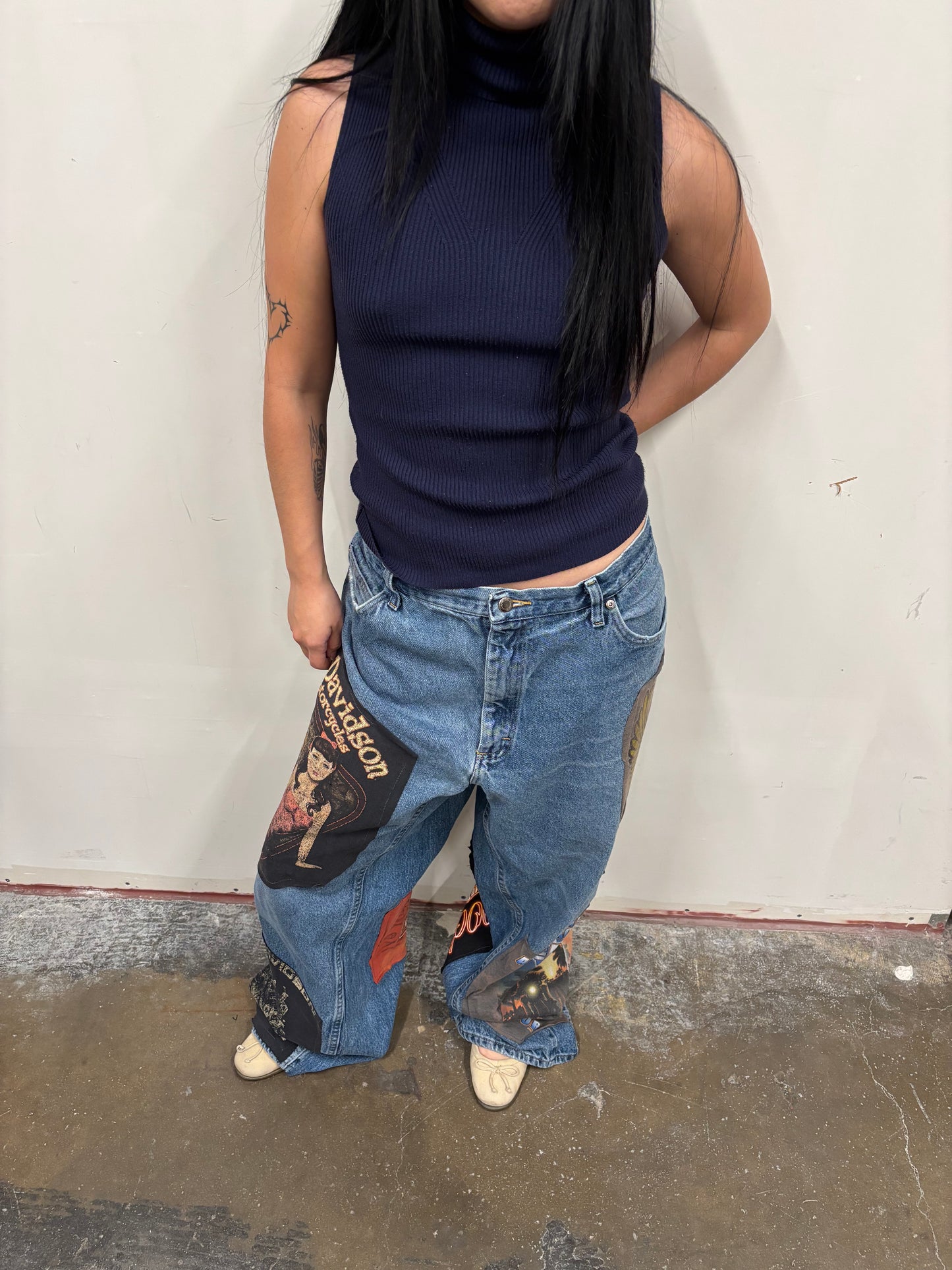 Reworked Harley Davidson Patchwork Jeans