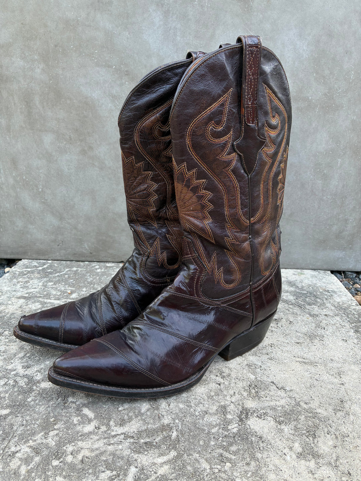 Vintage 1990s Cuadra Eel Brown Leather Cowboy Boots