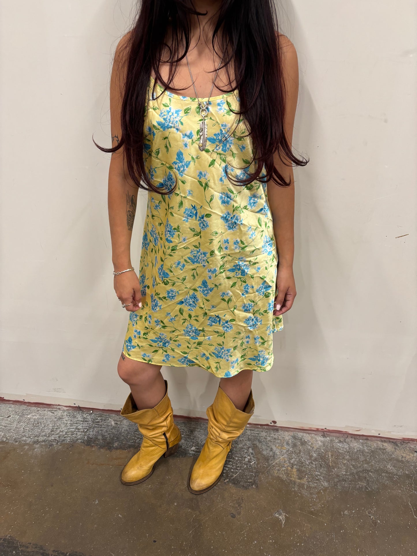 Yellow Floral Satin Dress
