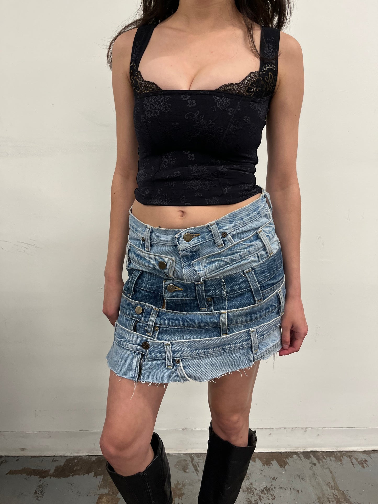 Reconstructed Denim Belt Loops Mini Skirt