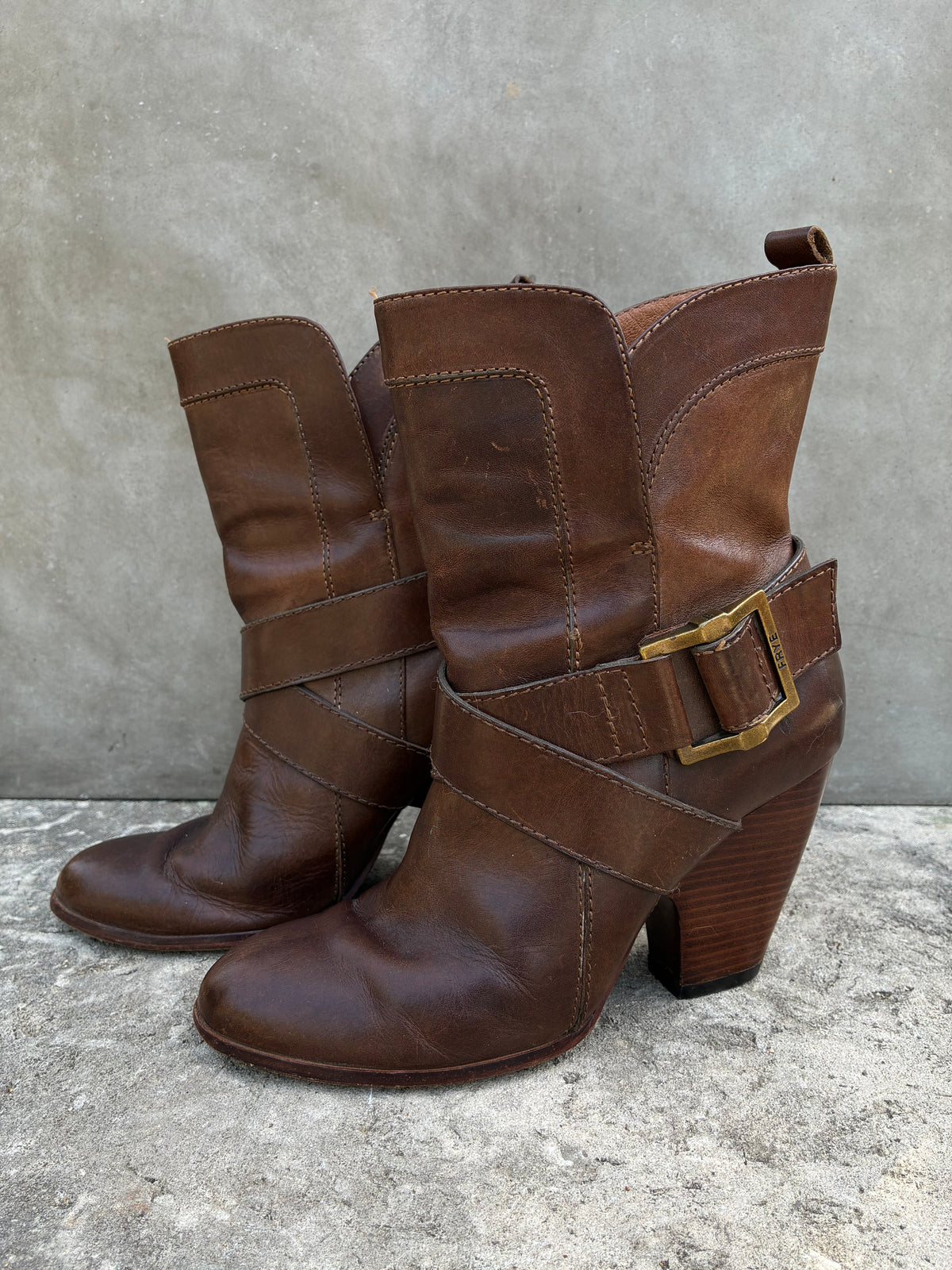 Vintage Frye Buckle Heeled Boots
