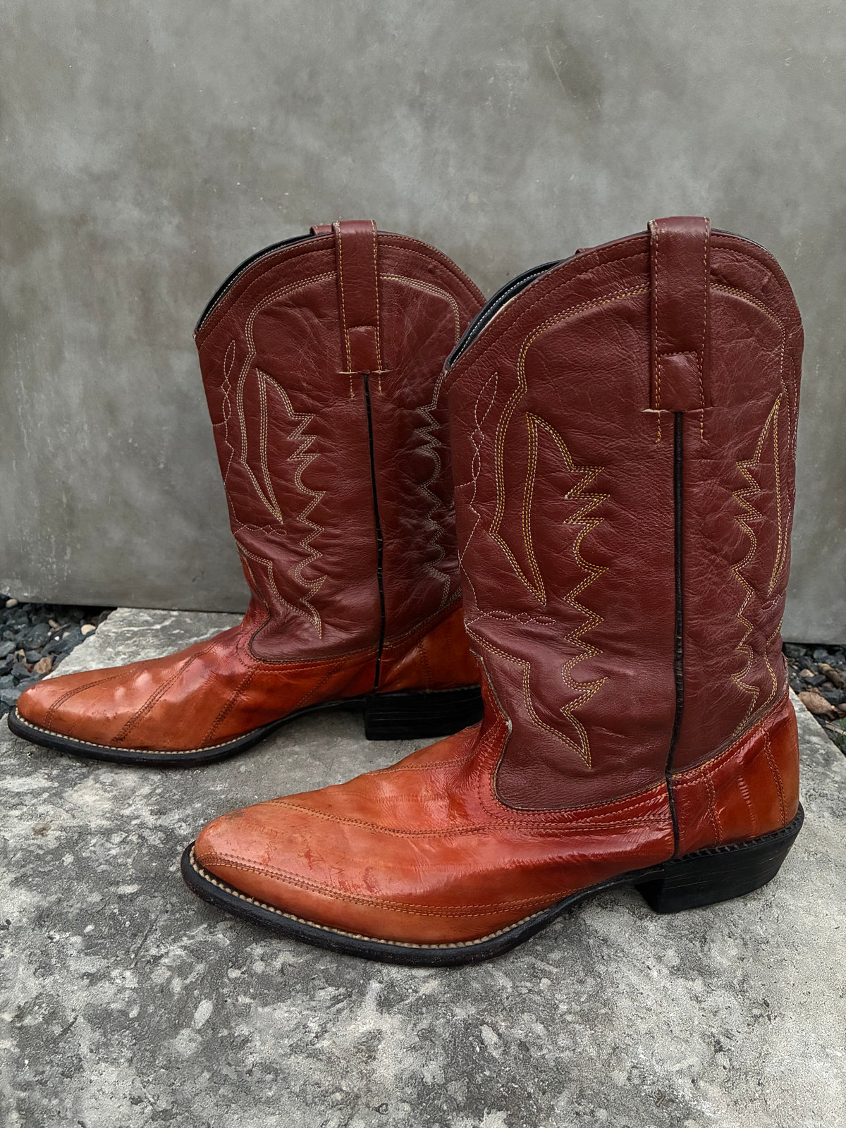 Vintage 80s Botas de Ora Eel Skin Brown Leather Cowboy Boots