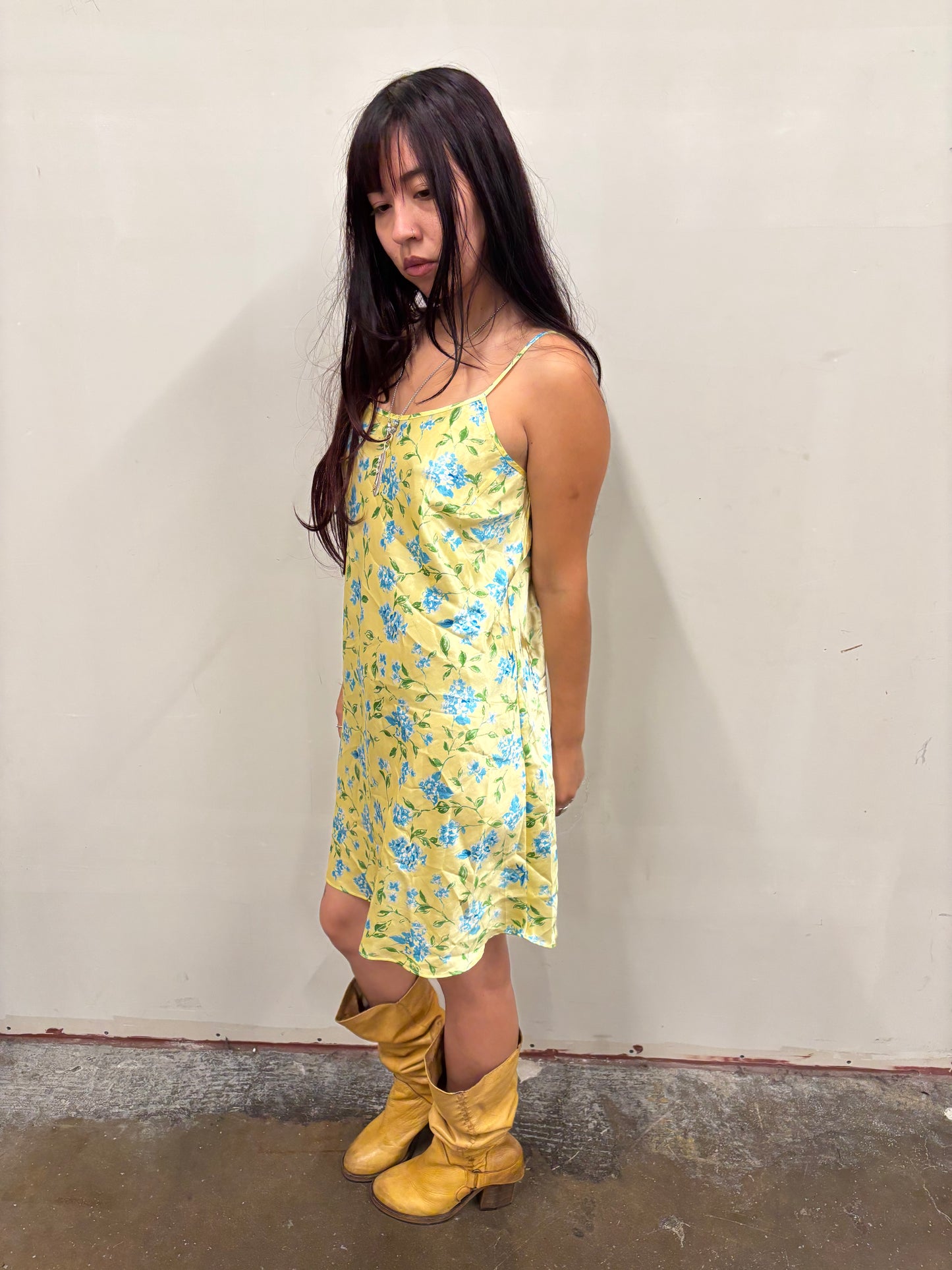 Yellow Floral Satin Dress