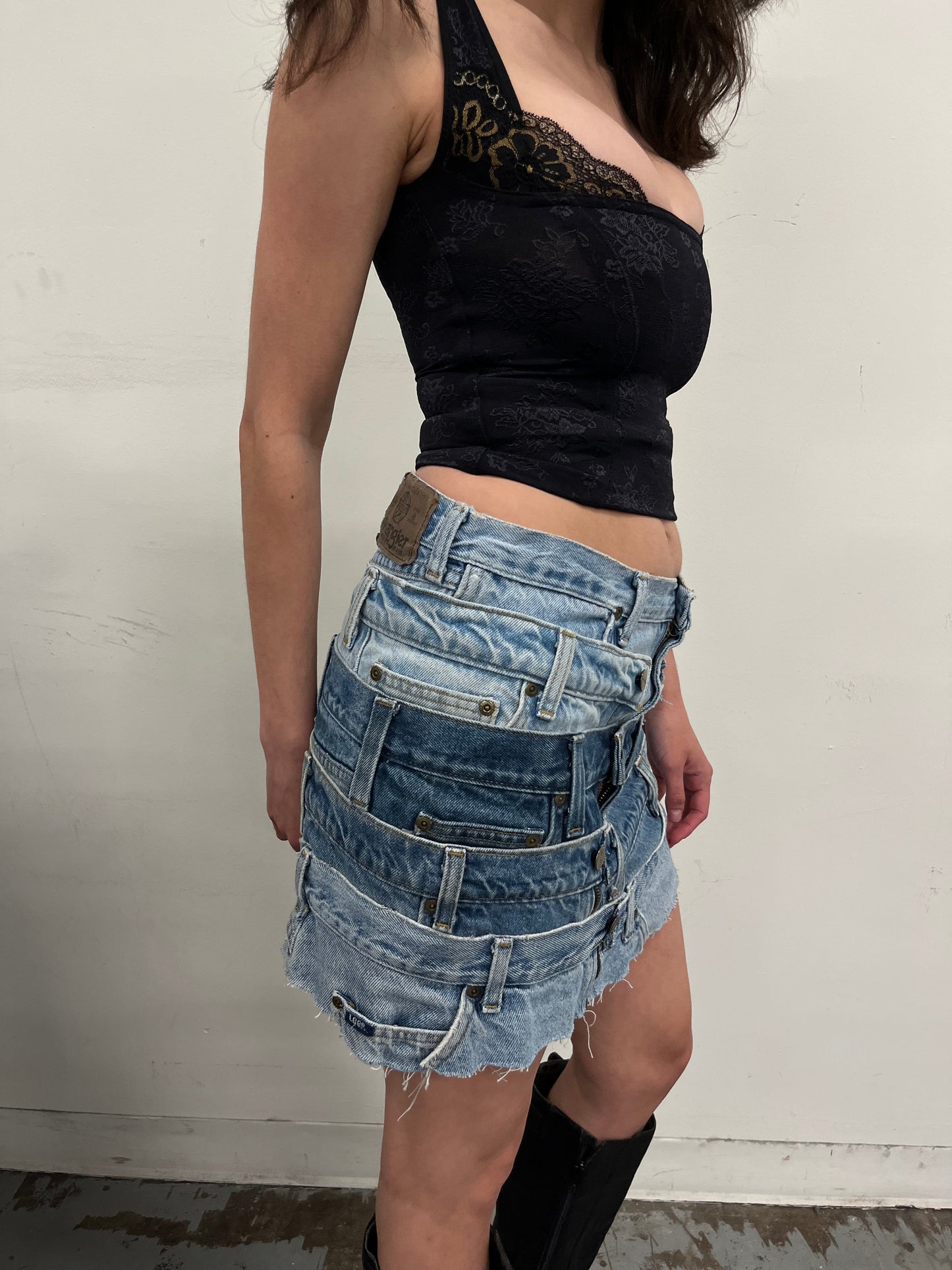 Reconstructed Denim Belt Loops Mini Skirt