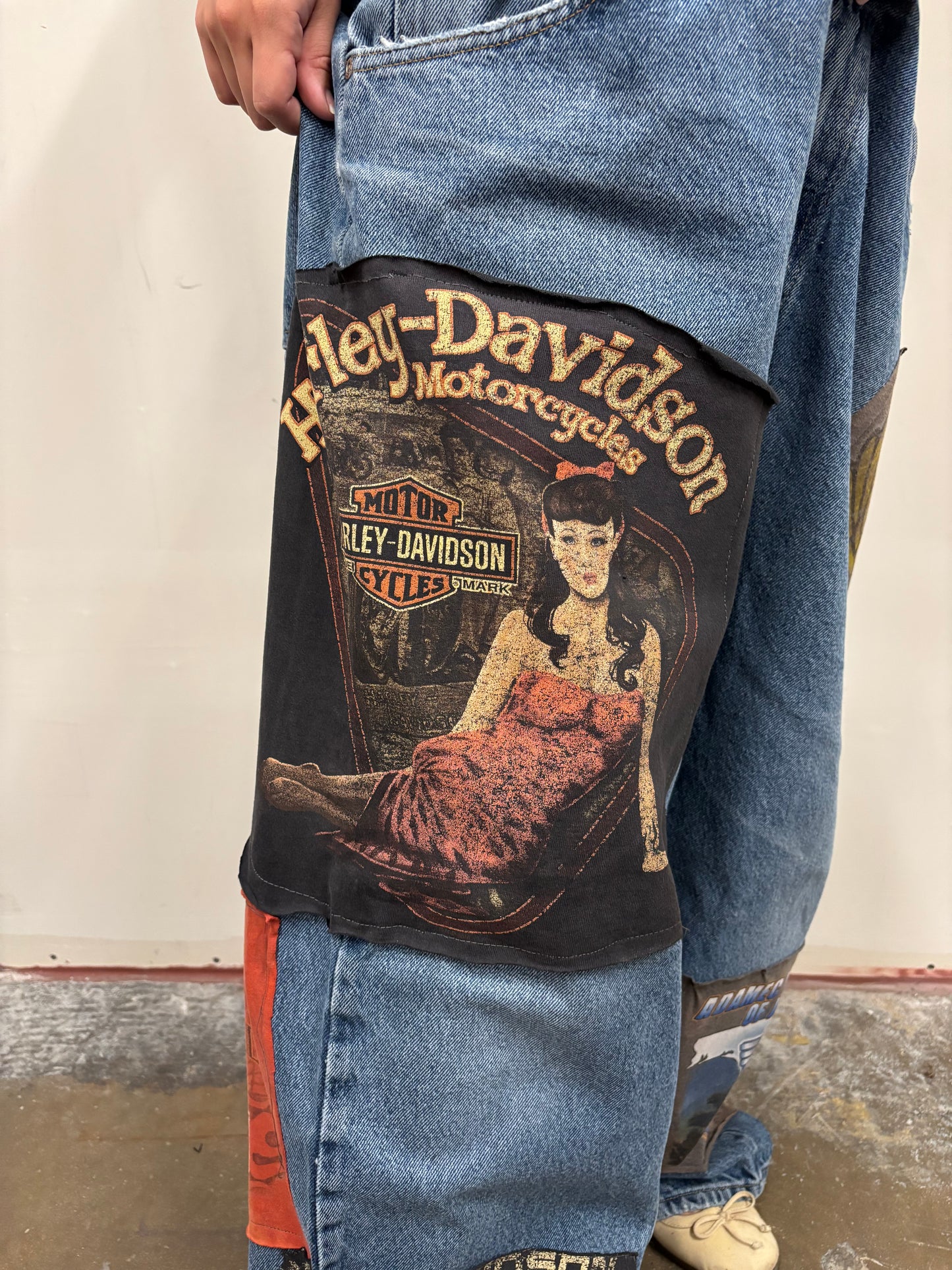 Reworked Harley Davidson Patchwork Jeans