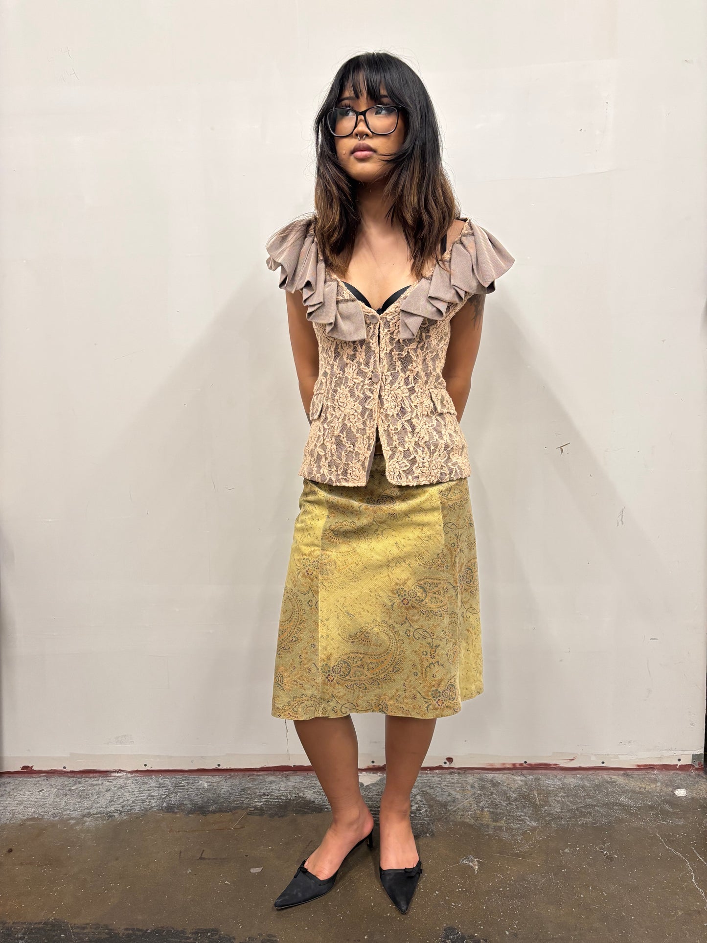 Beige Lace Top W/Ruffles