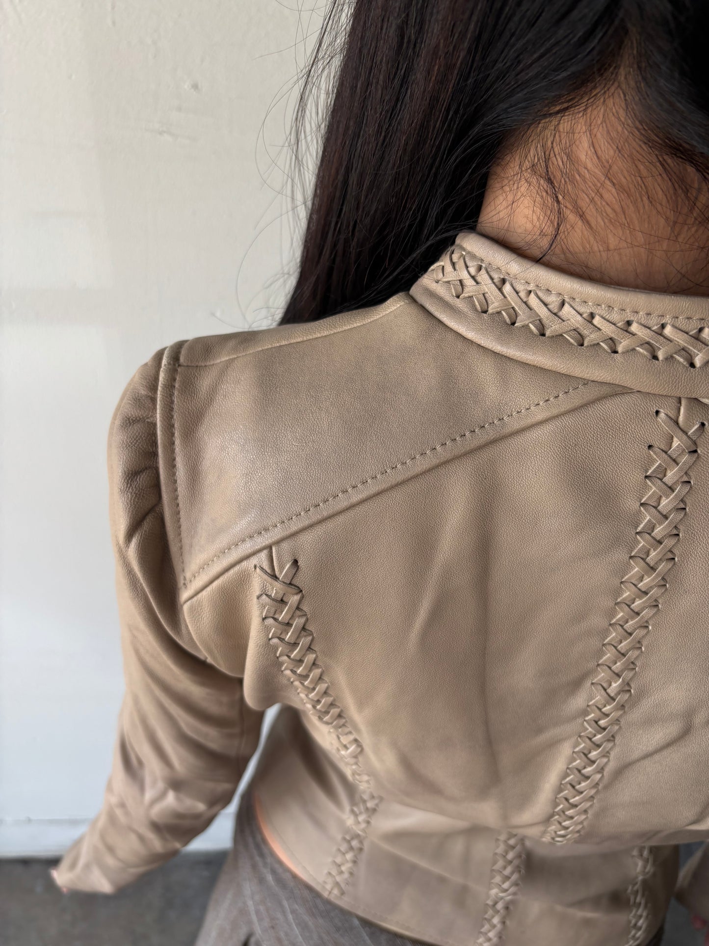 Vintage Beige Laced Up Leather Jacket