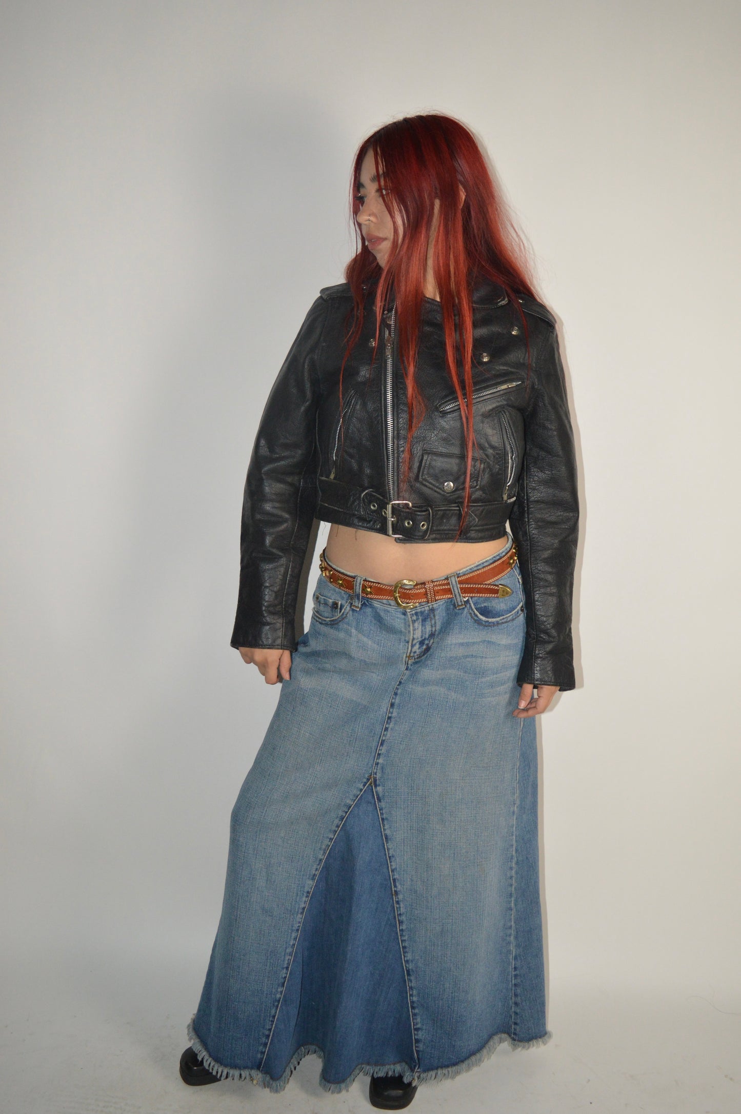 Vintage Cropped Leather Buckle Jacket