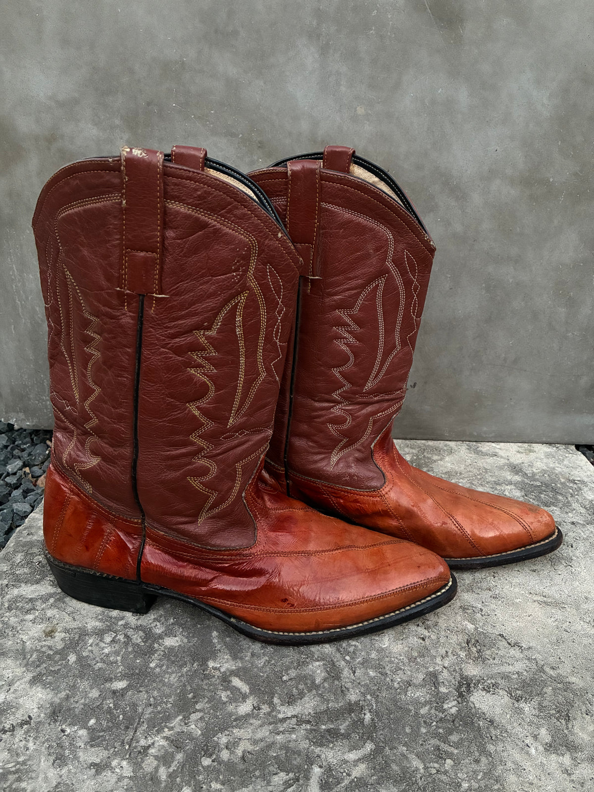 Vintage 80s Botas de Ora Eel Skin Brown Leather Cowboy Boots