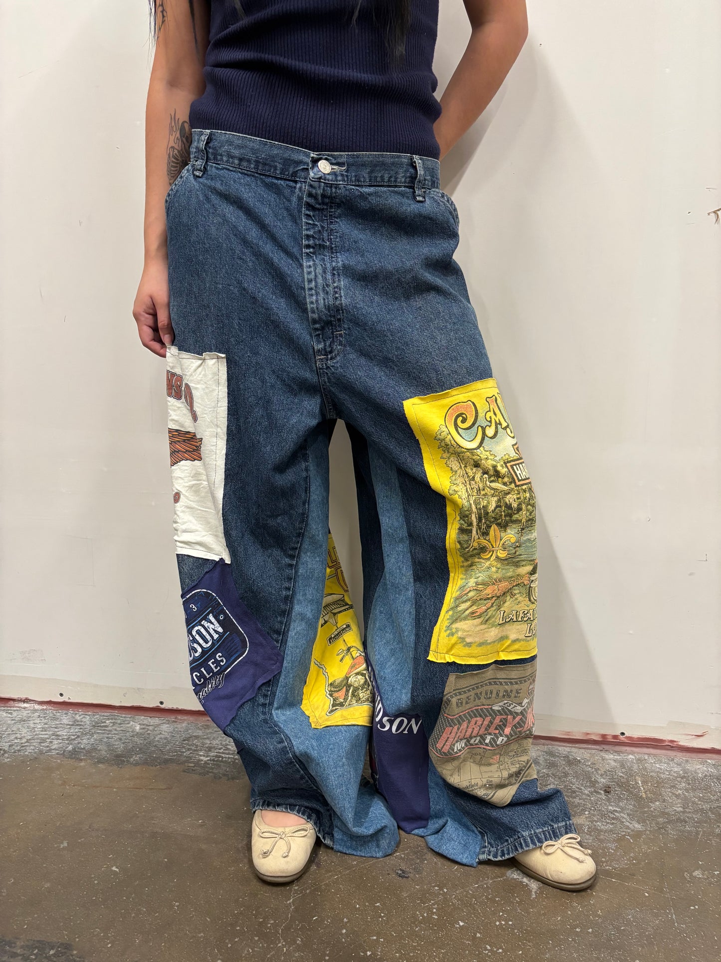 Reworked Harley Davidson Patchwork Jeans