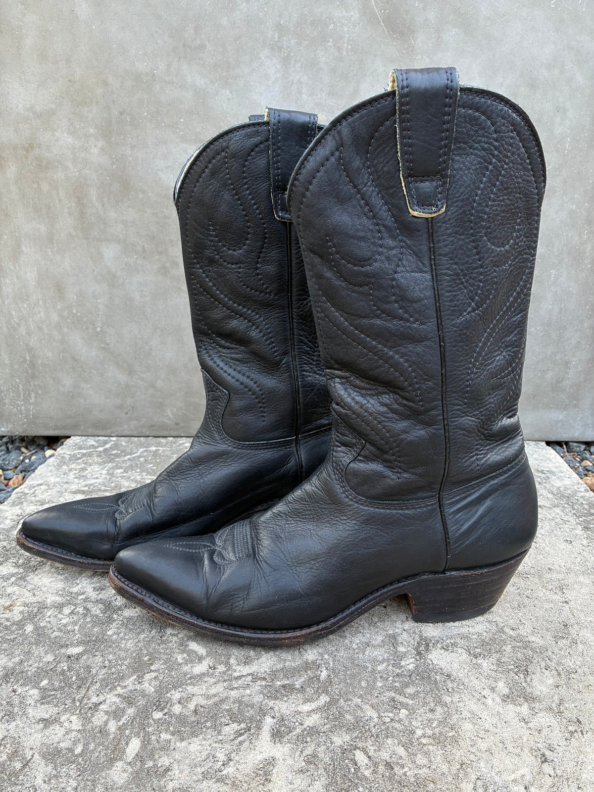 Vintage 70s Stewart Black Leather Cowboy Boots