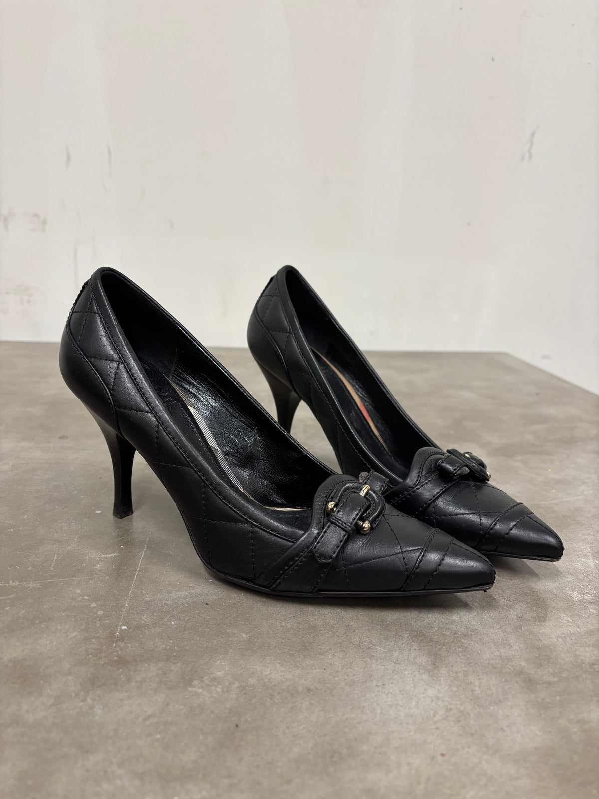 Burberry Black Quilted Leather Buckle Heels