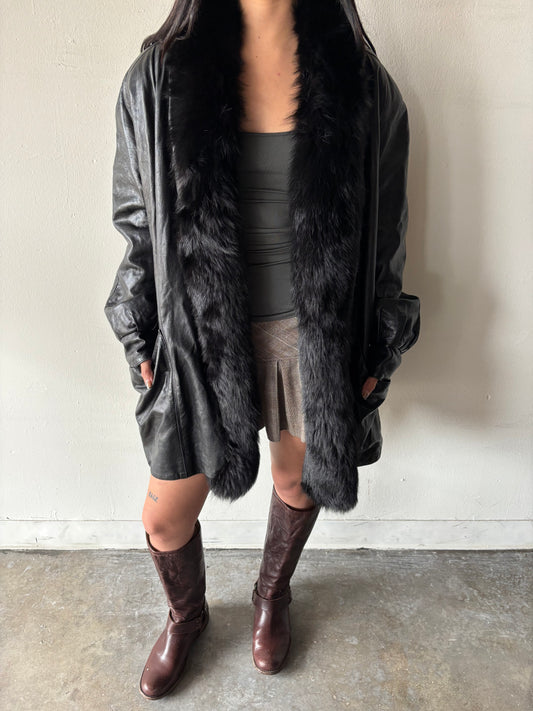 Vintage Black Fur Leather Coat