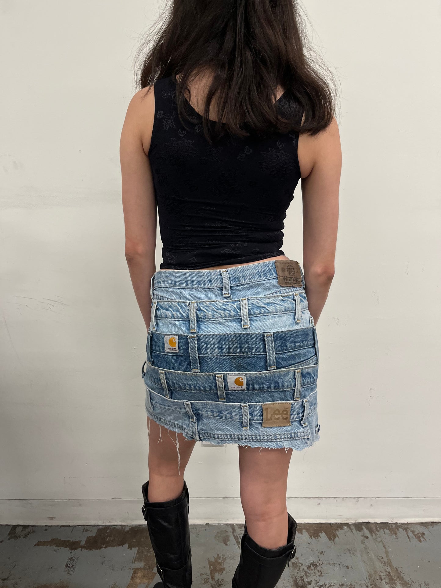 Reconstructed Denim Belt Loops Mini Skirt