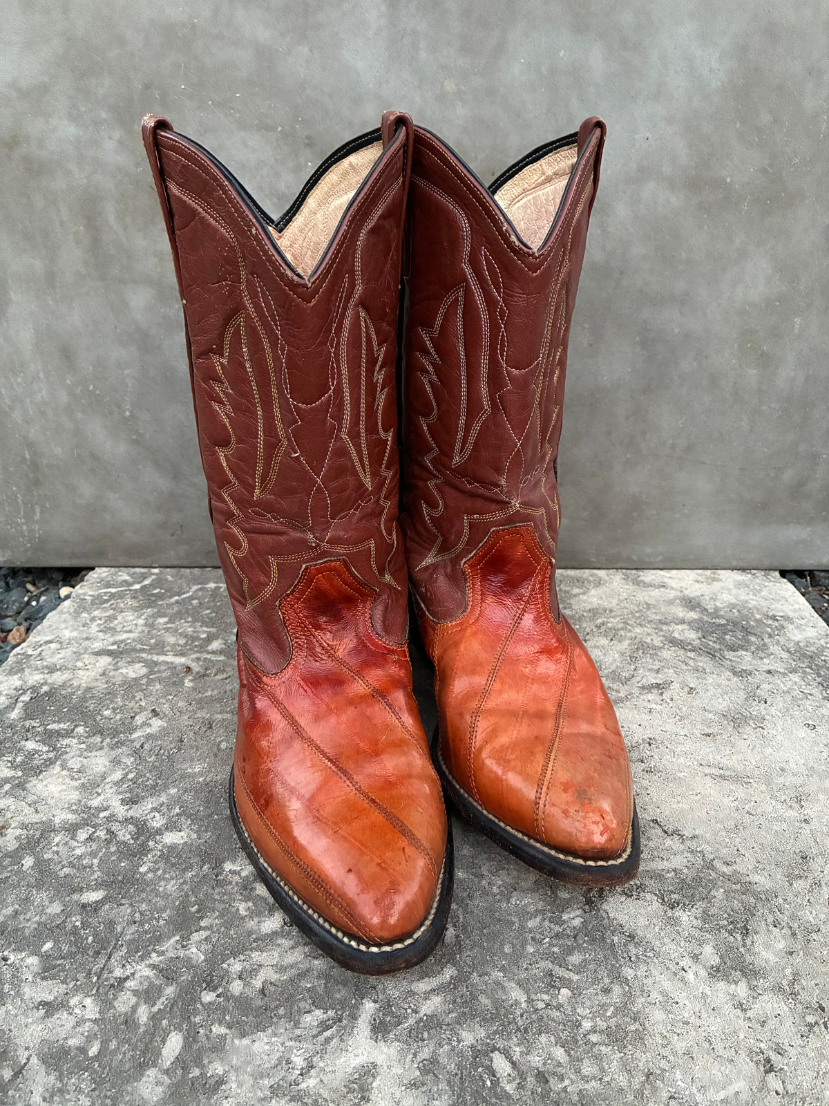 Vintage 80s Botas de Ora Eel Skin Brown Leather Cowboy Boots