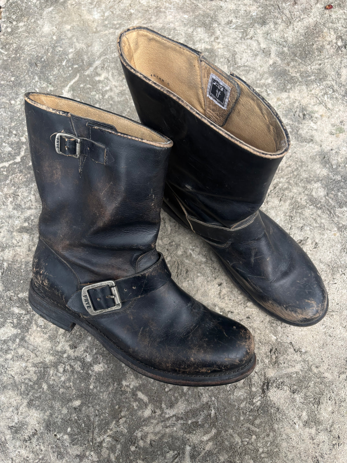 Vintage Frye Distressed Black Leather Harness Boots