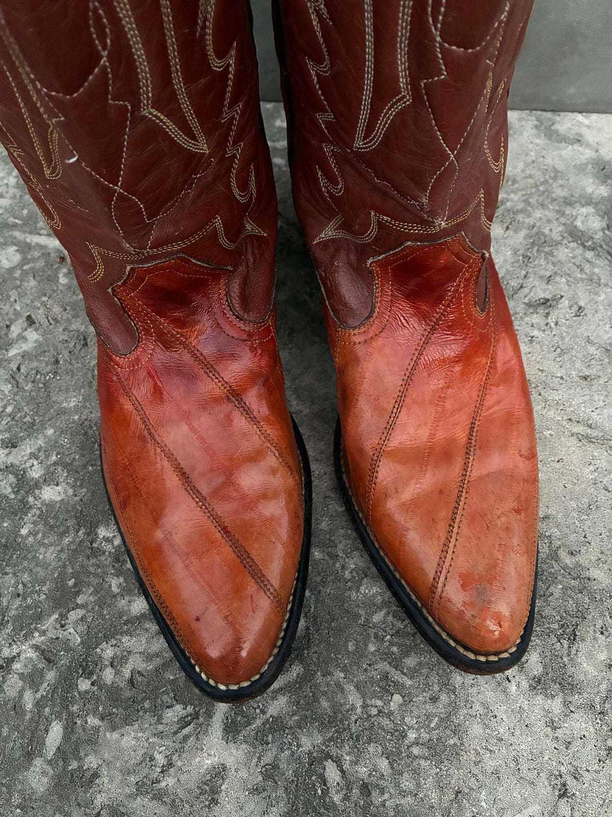 Vintage 80s Botas de Ora Eel Skin Brown Leather Cowboy Boots
