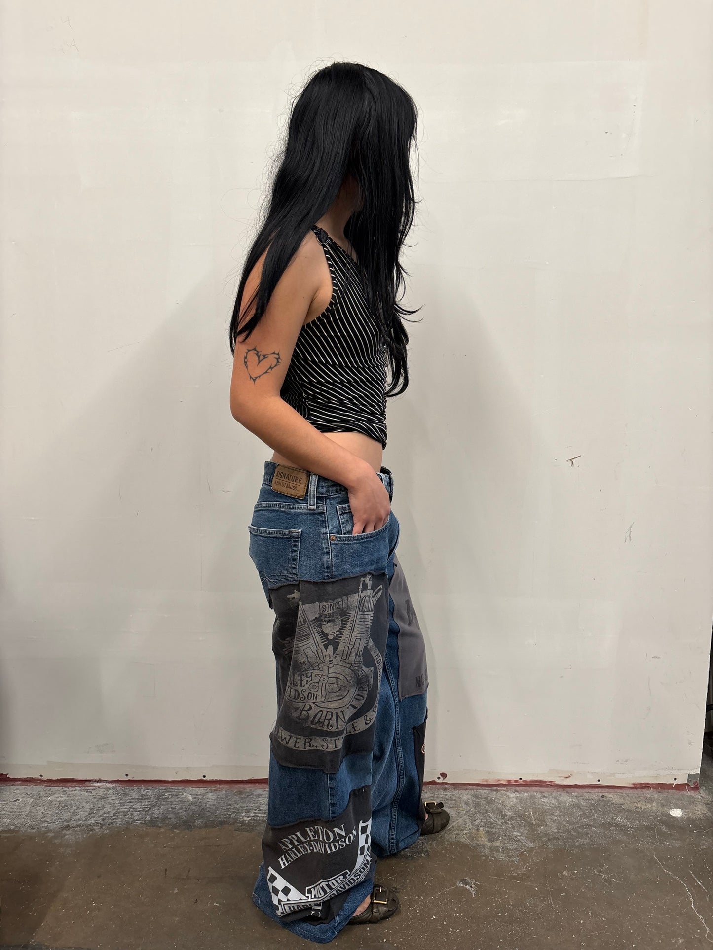 Reworked Harley Davidson Patchwork Denim Jeans