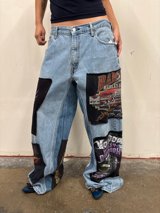Reworked Harley Davidson Patchwork Jeans