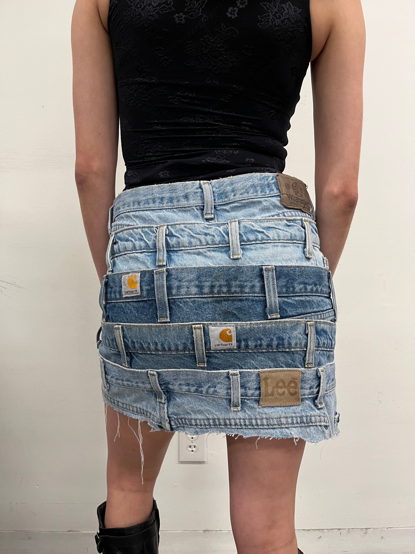 Reconstructed Denim Belt Loops Mini Skirt