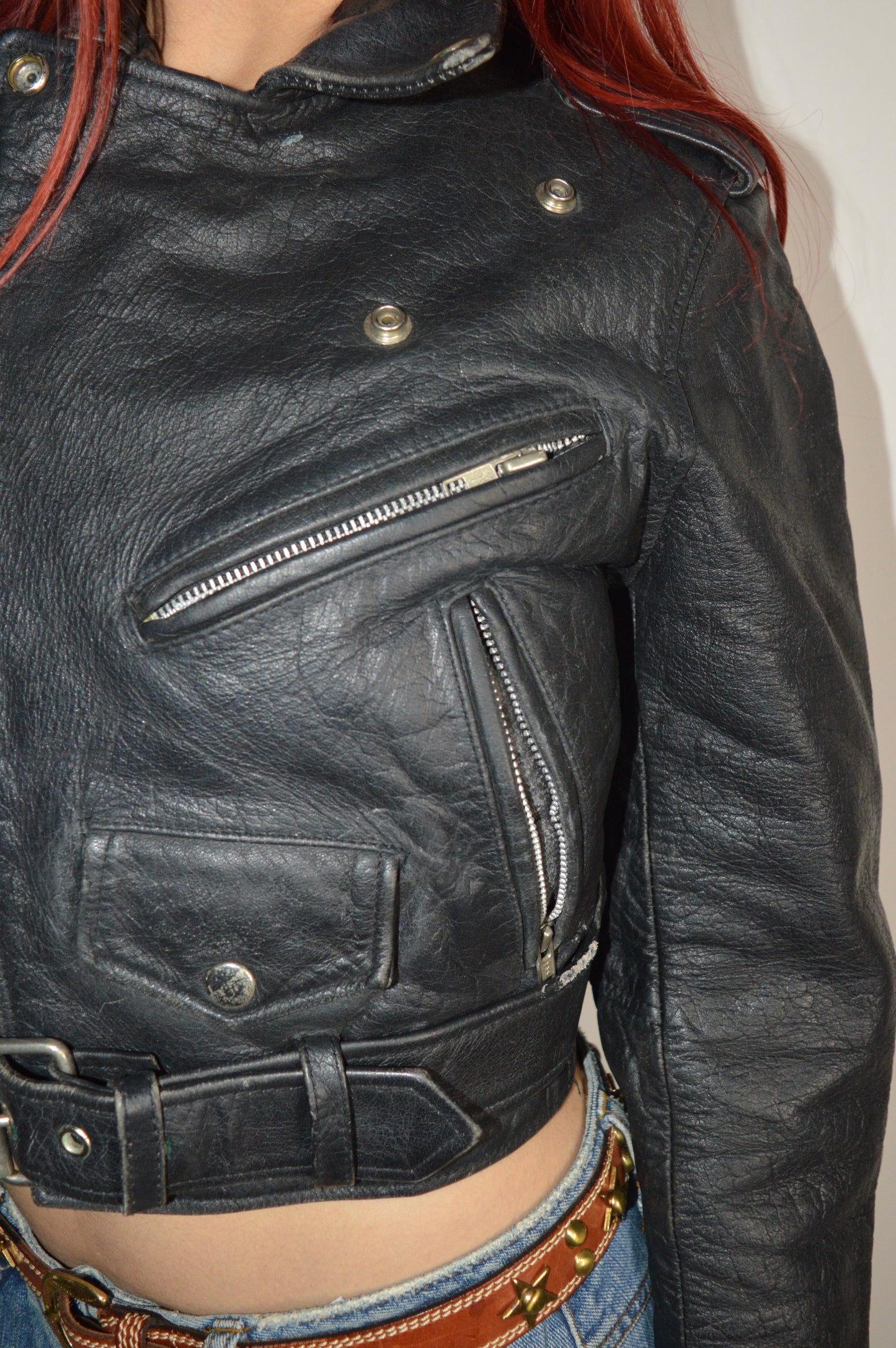 Vintage Cropped Leather Buckle Jacket