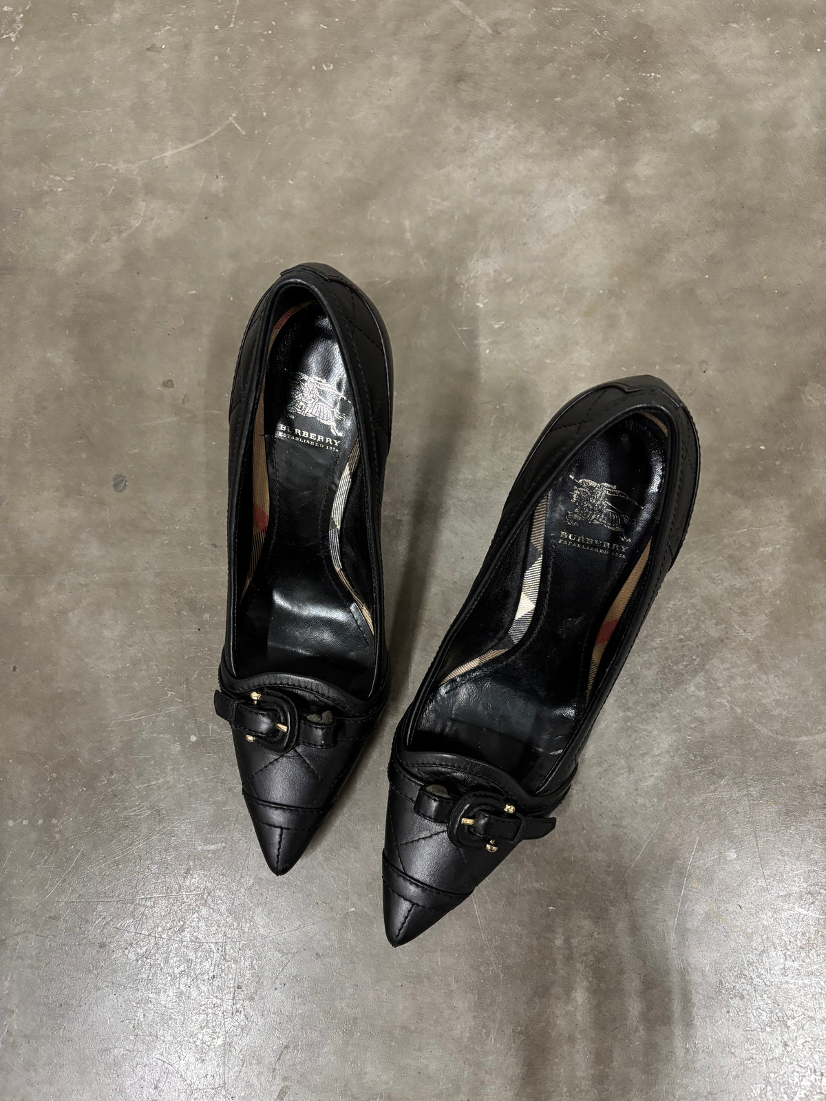 Burberry Black Quilted Leather Buckle Heels