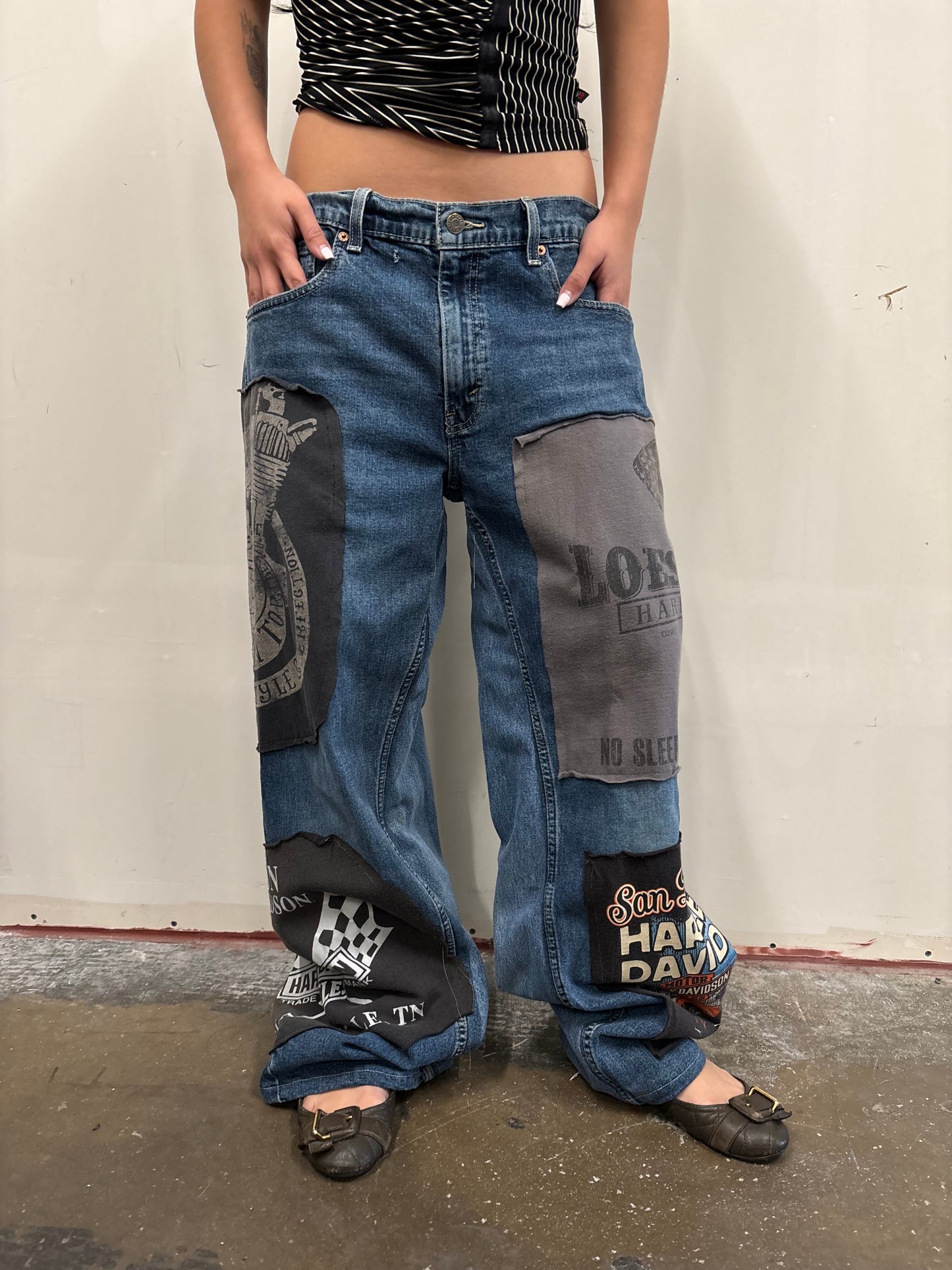 Reworked Harley Davidson Patchwork Denim Jeans