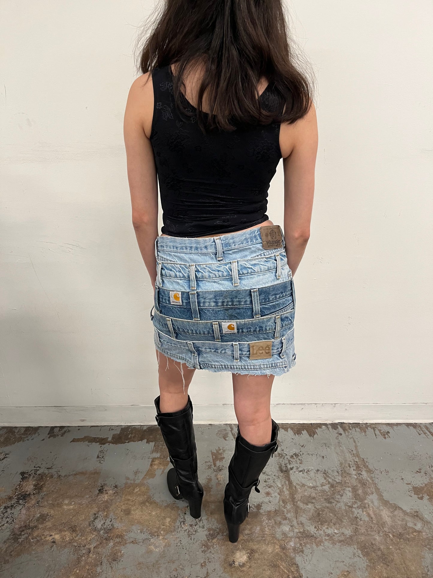 Reconstructed Denim Belt Loops Mini Skirt