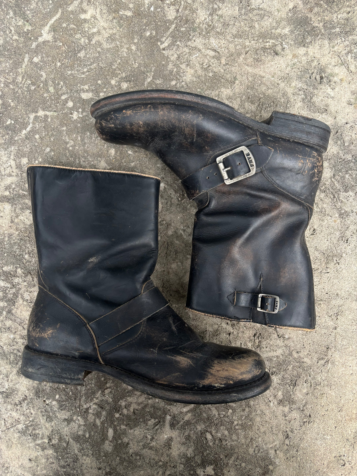Vintage Frye Distressed Black Leather Harness Boots