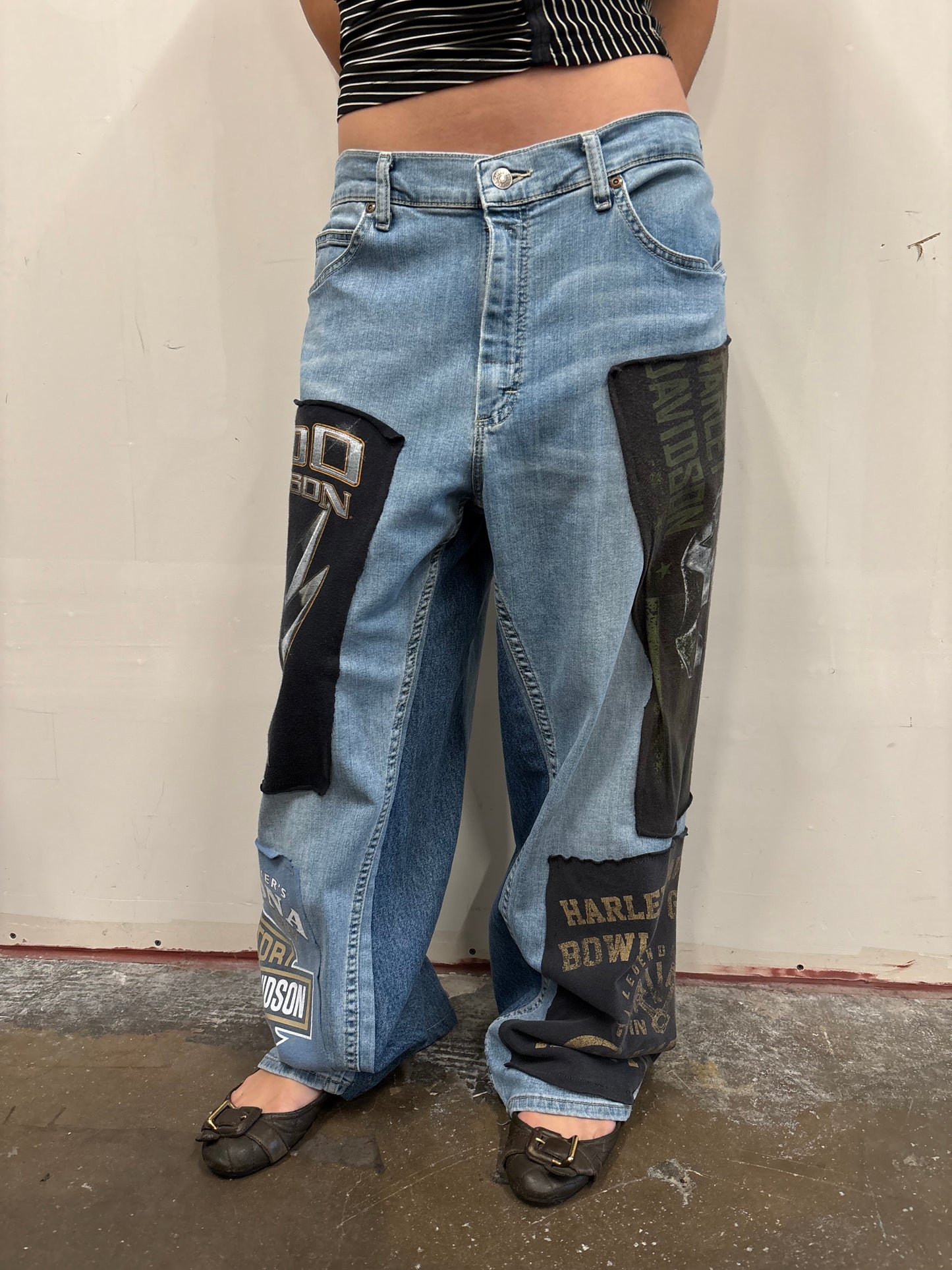 Reworked Harley Davidson Patchwork Denim Jeans