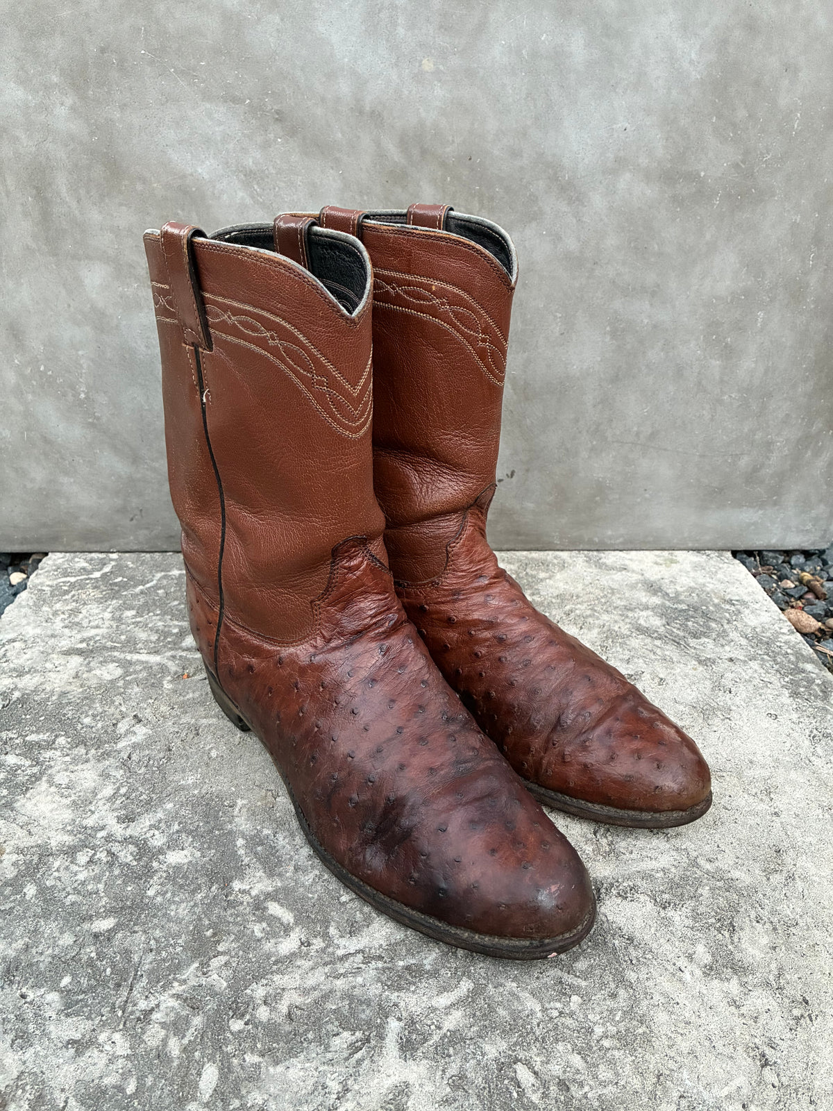 Vintage 1980s Justin Brown Ostrich Leather Cowboy Boots