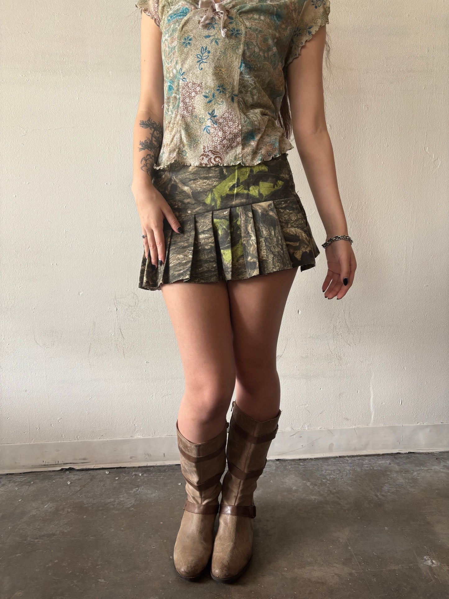 Reworked Camo Mini Pleated Skirt