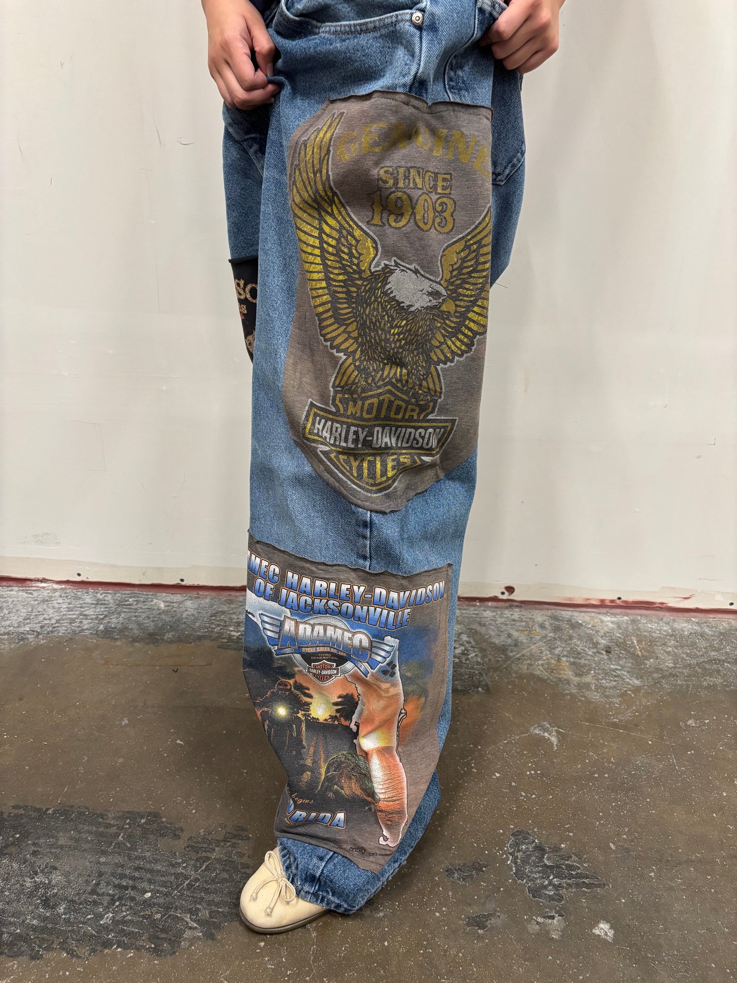 Reworked Harley Davidson Patchwork Jeans
