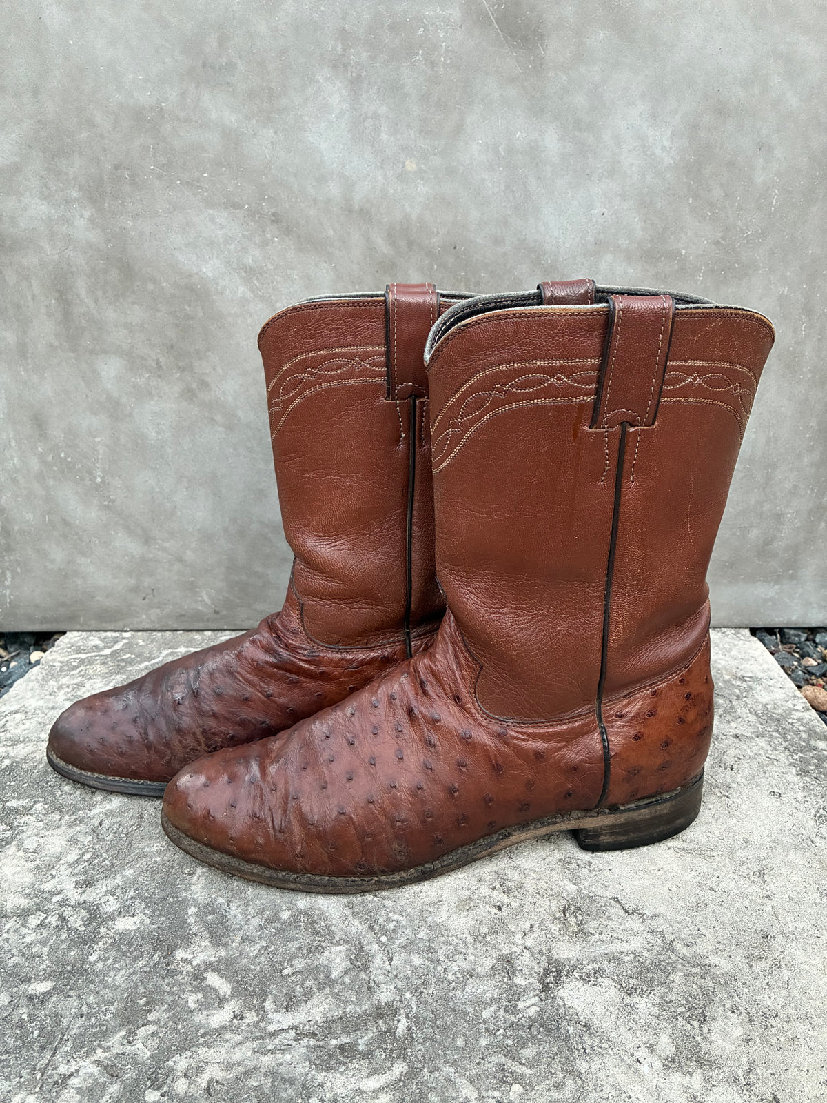 Vintage 1980s Justin Brown Ostrich Leather Cowboy Boots