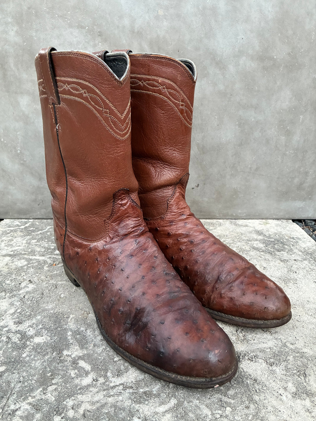 Vintage 1980s Justin Brown Ostrich Leather Cowboy Boots