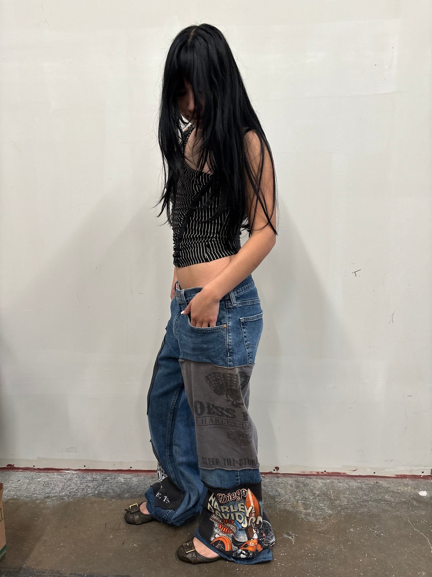Reworked Harley Davidson Patchwork Denim Jeans