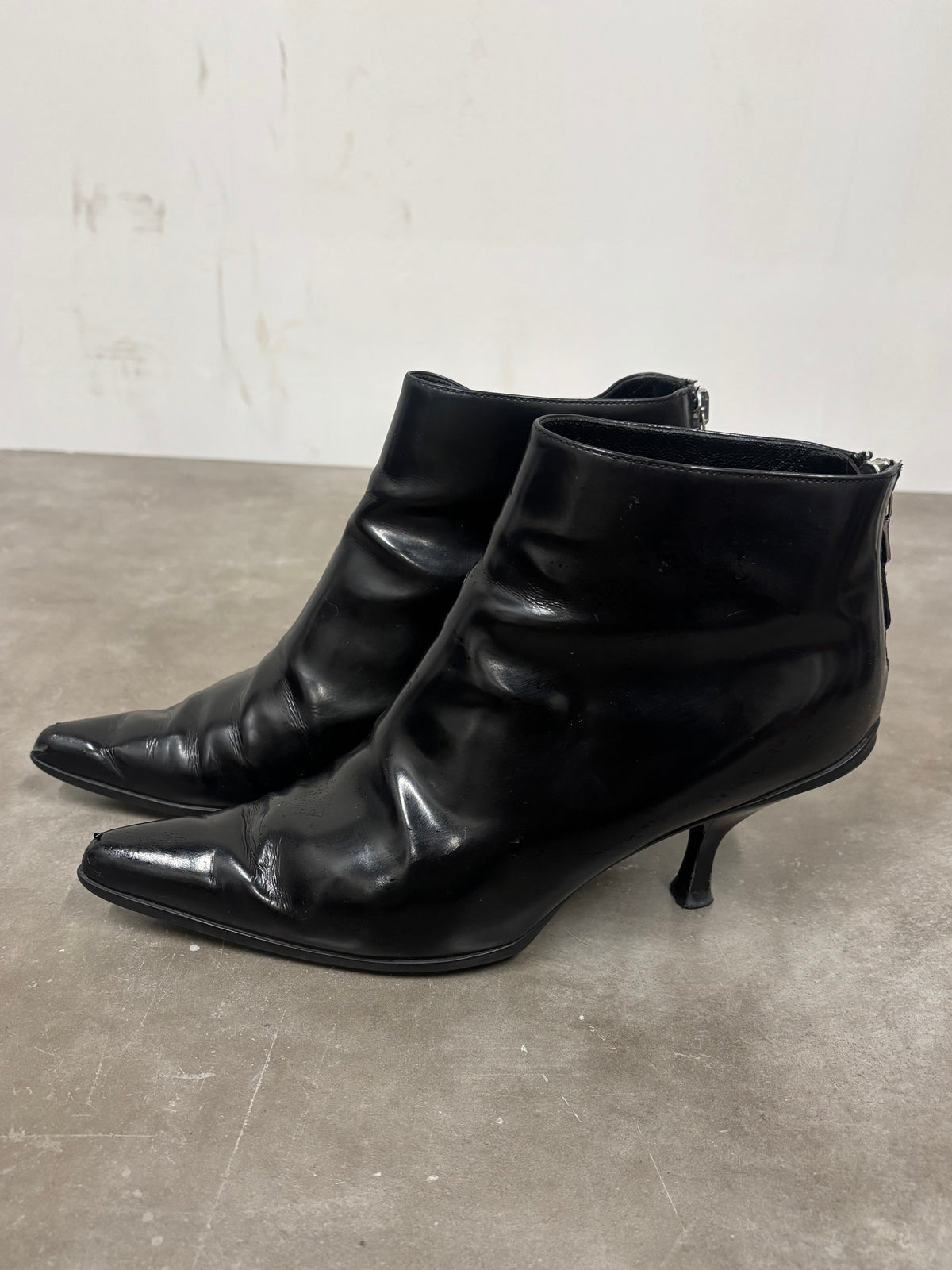 Vintage Prada Black Leather Pointed Toe Ankle Boots