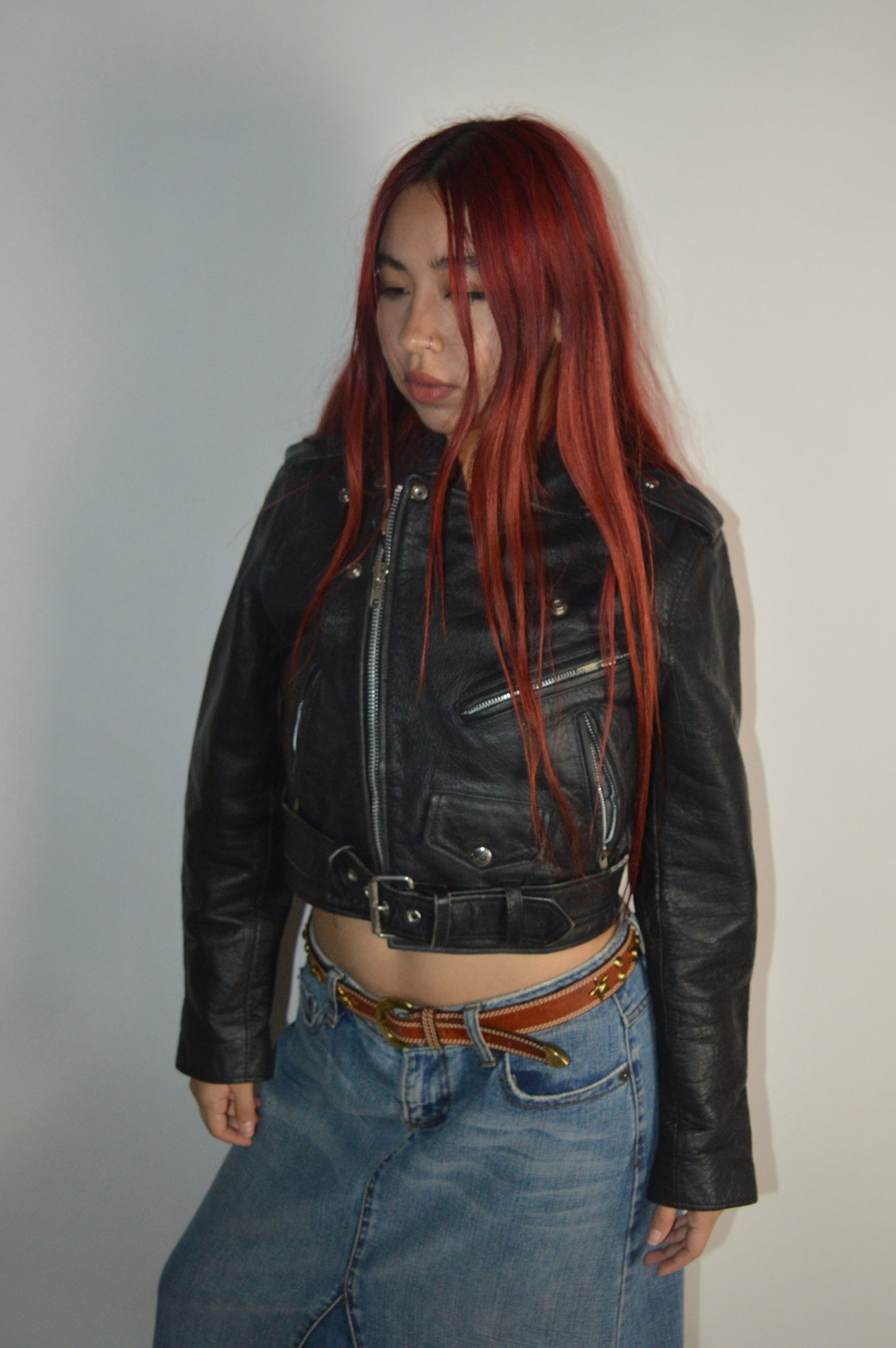 Vintage Cropped Leather Buckle Jacket