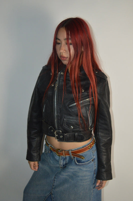 Vintage Cropped Leather Buckle Jacket