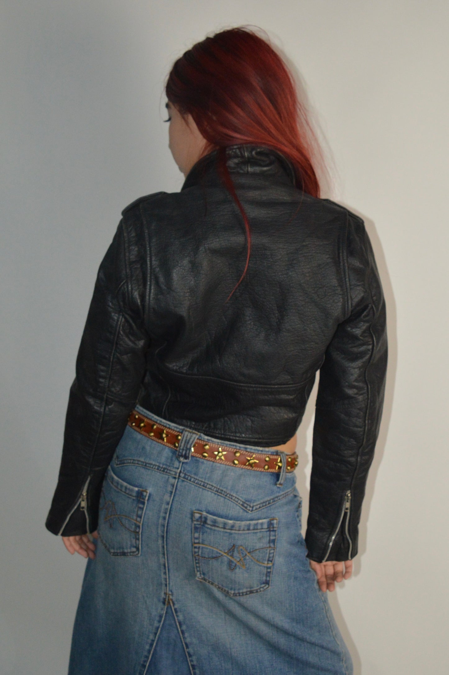 Vintage Cropped Leather Buckle Jacket